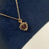 Golden Women's Necklace Red Crystal Heart Pendant 925 Silver Jewelry
