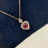 Golden Women's Necklace Red Crystal Heart Pendant 925 Silver Jewelry