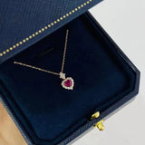 Golden Women's Necklace Red Crystal Heart Pendant 925 Silver Jewelry