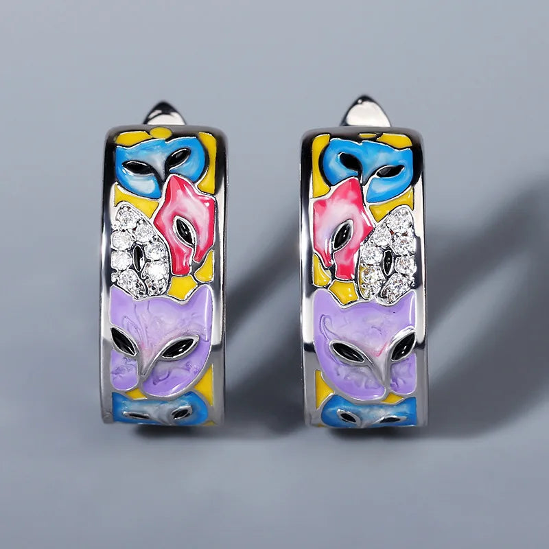 Enamel Cat Earrings Colorful Cat 925 Silver Earrings