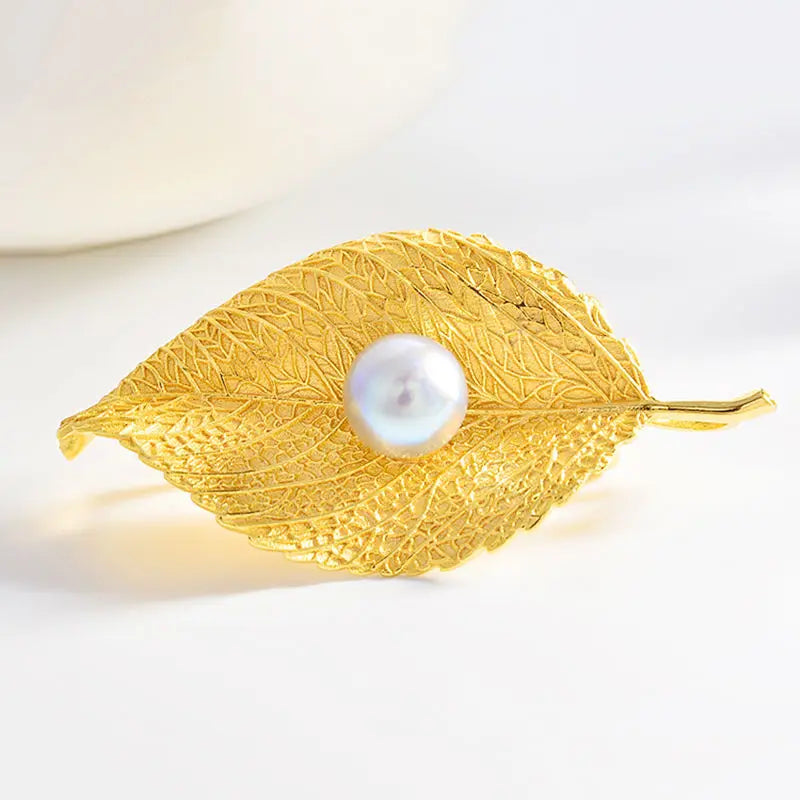 Women's Pearl Leaf Corsage Brooch Retro Silver Jewelry