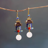 Court-shaped Earrings for Women Retro Hetian Jade Enamel Porcelain Craft