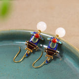 Court-shaped Earrings for Women Retro Hetian Jade Enamel Porcelain Craft