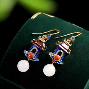 Court-shaped Earrings for Women Retro Hetian Jade Enamel Porcelain Craft