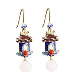 Court-shaped Earrings for Women Retro Hetian Jade Enamel Porcelain Craft