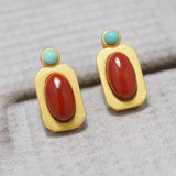 Southern Red Tourmaline Square Ring with Turquoise Charm