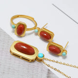 Southern Red Tourmaline Square Ring with Turquoise Charm