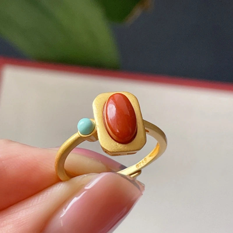 Southern Red Tourmaline Square Ring with Turquoise Charm