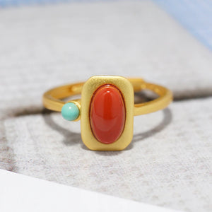 Southern Red Tourmaline Square Ring with Turquoise Charm