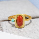 Southern Red Tourmaline Square Ring with Turquoise Charm