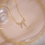 Zirconium Sweet Bow Pendant Necklace 14K Plated Sexy Women Party Jewelry