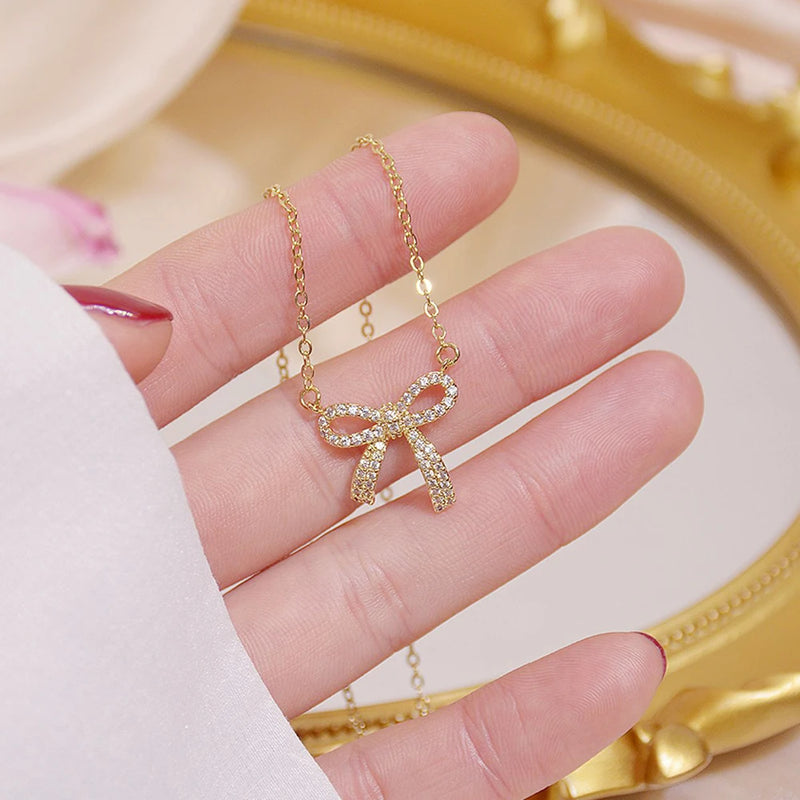 Zirconium Sweet Bow Pendant Necklace 14K Plated Sexy Women Party Jewelry