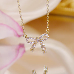 Zirconium Sweet Bow Pendant Necklace 14K Plated Sexy Women Party Jewelry