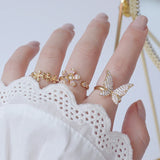 Copper Zirconium Sweet Butterfly Flower Ring 14K Plated Women's Open Ring