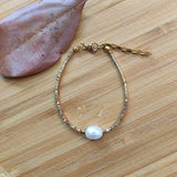 Gold-Color Bead Bracelet with Freshwater Pearl Pendant