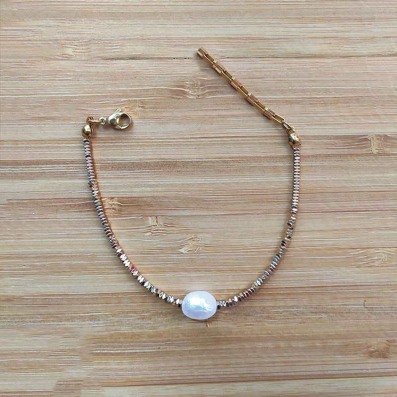 Gold-Color Bead Bracelet with Freshwater Pearl Pendant