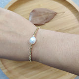 Gold-Color Bead Bracelet with Freshwater Pearl Pendant