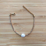 Gold-Color Bead Bracelet with Freshwater Pearl Pendant