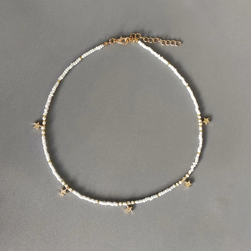 Gold Star Pendant Necklace Beaded Choker Adjustable Jewelry for Girl