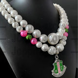 Greek Letter Society ALPHA Sorority Logo Pendant Pearl Beads Necklace
