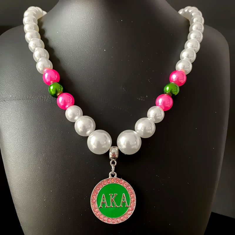 Greek Letter Society ALPHA Sorority Logo Pendant Pearl Beads Necklace