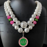 Greek Letter Society ALPHA Sorority Logo Pendant Pearl Beads Necklace