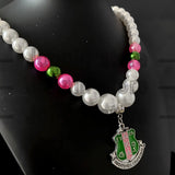Greek Letter Society ALPHA Sorority Logo Pendant Pearl Beads Necklace