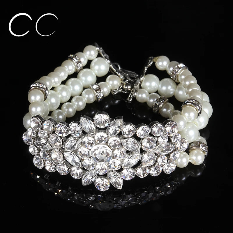 Layered Pearl Bracelets & Bangles for Women CZ Wedding Party Bridal Jewelry