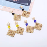 Rhinestone Flower Earrings with Wooden Beads, Hand-Woven Cutout Design