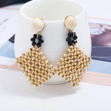 Rhinestone Flower Earrings with Wooden Beads, Hand-Woven Cutout Design