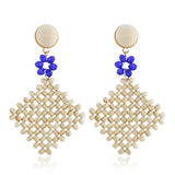 Rhinestone Flower Earrings with Wooden Beads, Hand-Woven Cutout Design