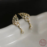 Zircon Sparkling Feather Earrings 925 Silver Plated 14K Ear Jewelry
