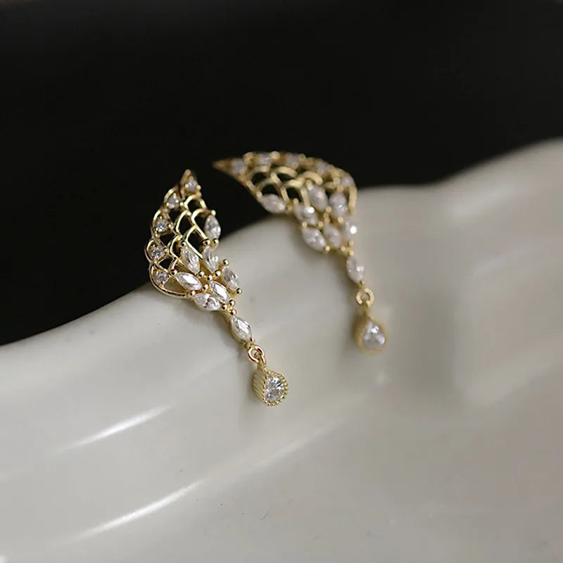 Zircon Sparkling Feather Earrings 925 Silver Plated 14K Ear Jewelry