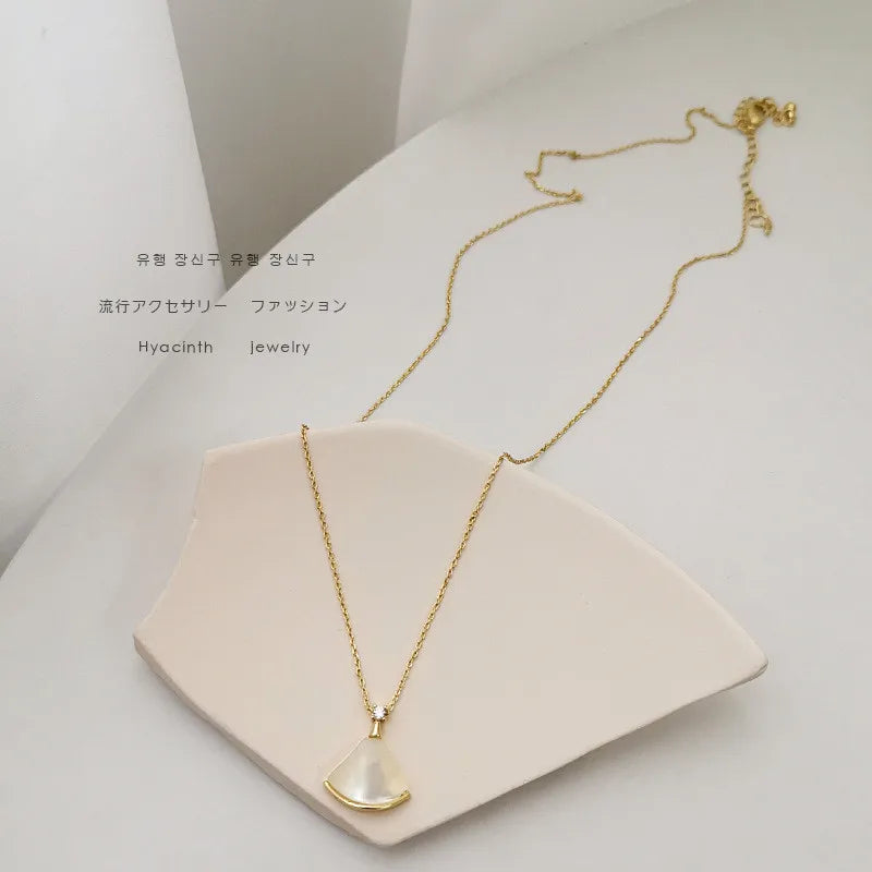 Mother Shell Fan Zircon Choker Necklace 14K Filled Chain