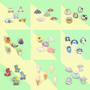 Enamel Pins Set Flowers Insects Dinosaur Cartoon Brooches Jewelry