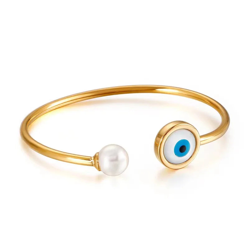 Hamsa Hand Round Eye Bangles Stainless Steel Rose Silver Open Cuff Bangle