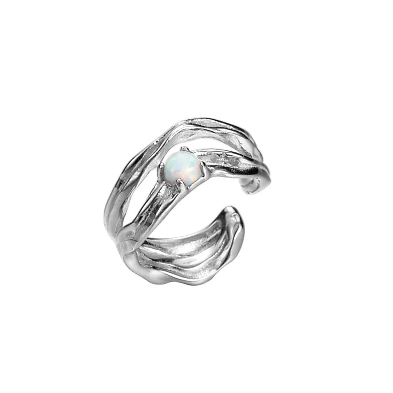 Opal 100% S925 Sterling Silver Ear Clip Double-Layer Hollow Irregular Earcuff