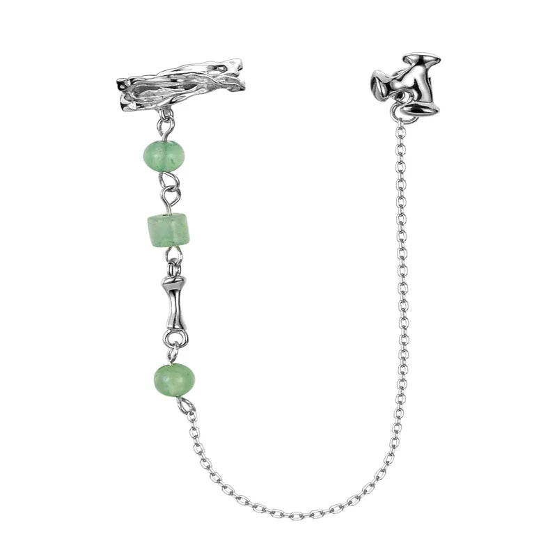 S925 Sterling Silver Ear Clip Green Aventurine Bamboo Stone Bead Studs