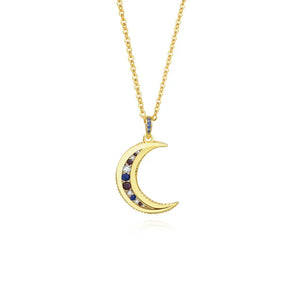 925 Silver Zircon Moon Necklace Colorful CZ Pendant