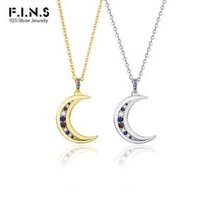 925 Silver Zircon Moon Necklace Colorful CZ Pendant