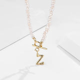925 Silver Letter Pendant Charm Pearl Chain OT Bar Necklace Fine Jewelry
