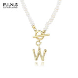 925 Silver Letter Pendant Charm Pearl Chain OT Bar Necklace Fine Jewelry