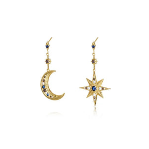 F.I.N.S Asymmetric 925 Silver Earrings Zircon Star Moon Drop Earrings