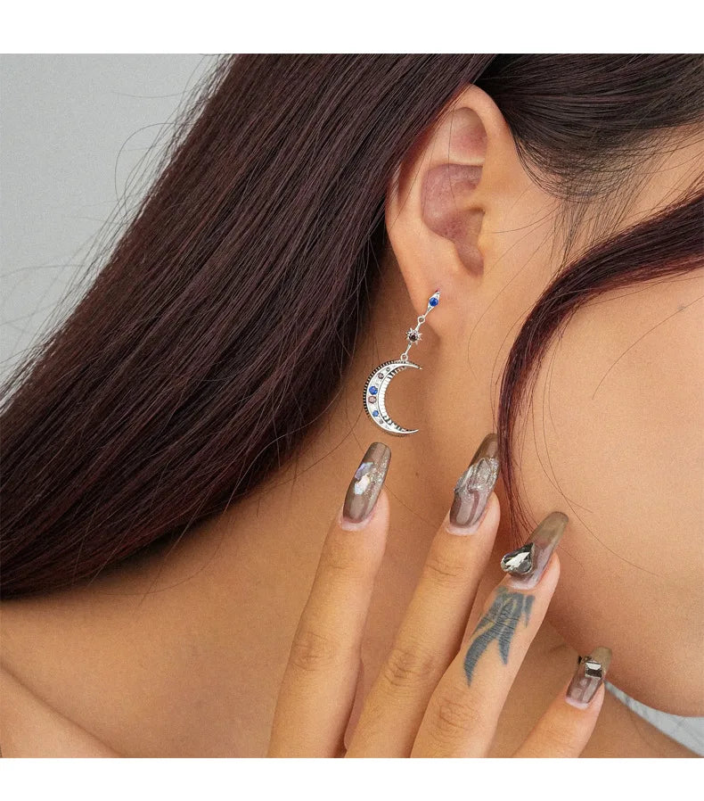 F.I.N.S Asymmetric 925 Silver Earrings Zircon Star Moon Drop Earrings
