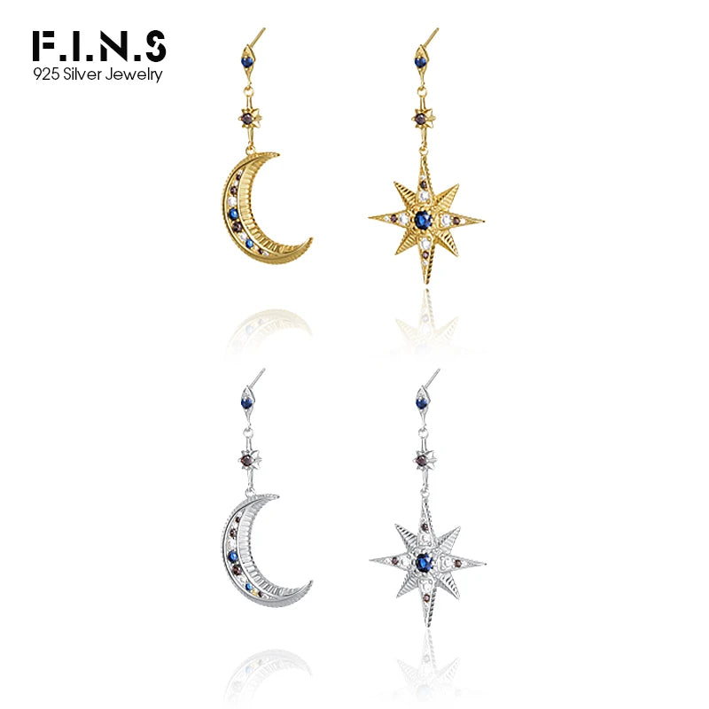 F.I.N.S Asymmetric 925 Silver Earrings Zircon Star Moon Drop Earrings