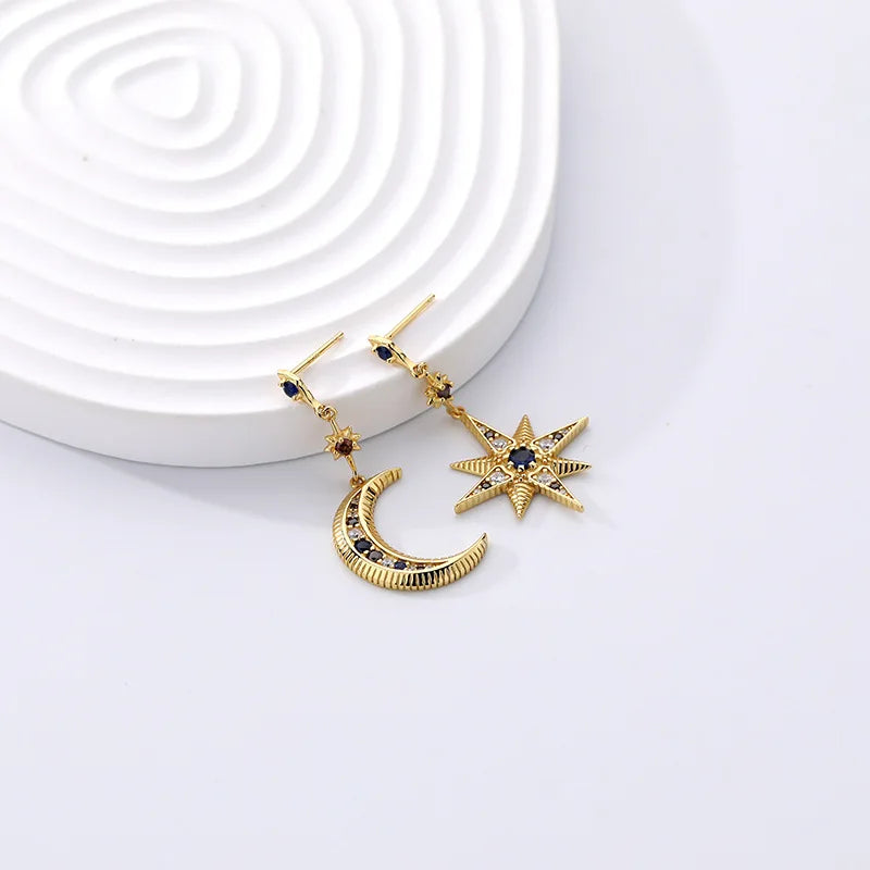 F.I.N.S Asymmetric 925 Silver Earrings Zircon Star Moon Drop Earrings