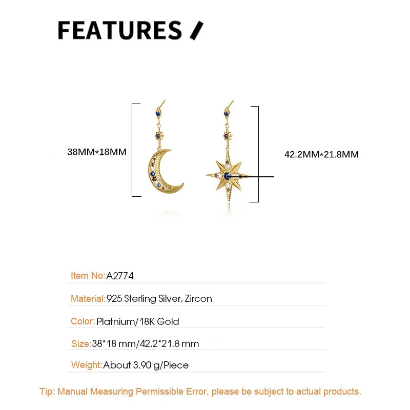 F.I.N.S Asymmetric 925 Silver Earrings Zircon Star Moon Drop Earrings