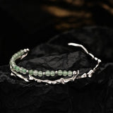 F.I.N.S Bamboo Series S925 Silver Bracelet Green Aventurine Jade Open Bangle