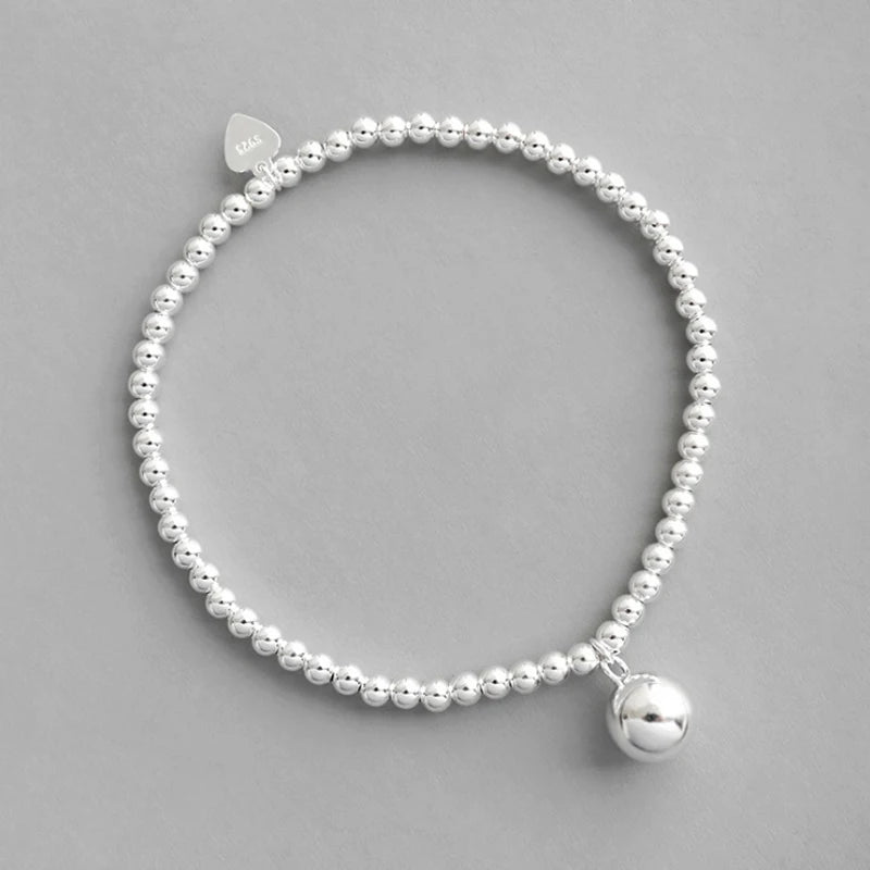 925 Silver Beaded Bracelet for Women Sterling Round Bead Fine Jewelry