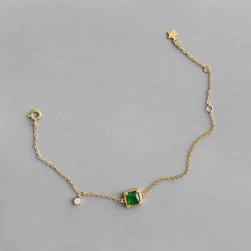 F.I.N.S Square Green CZ Golden 925 Sterling Silver Bracelet for Women